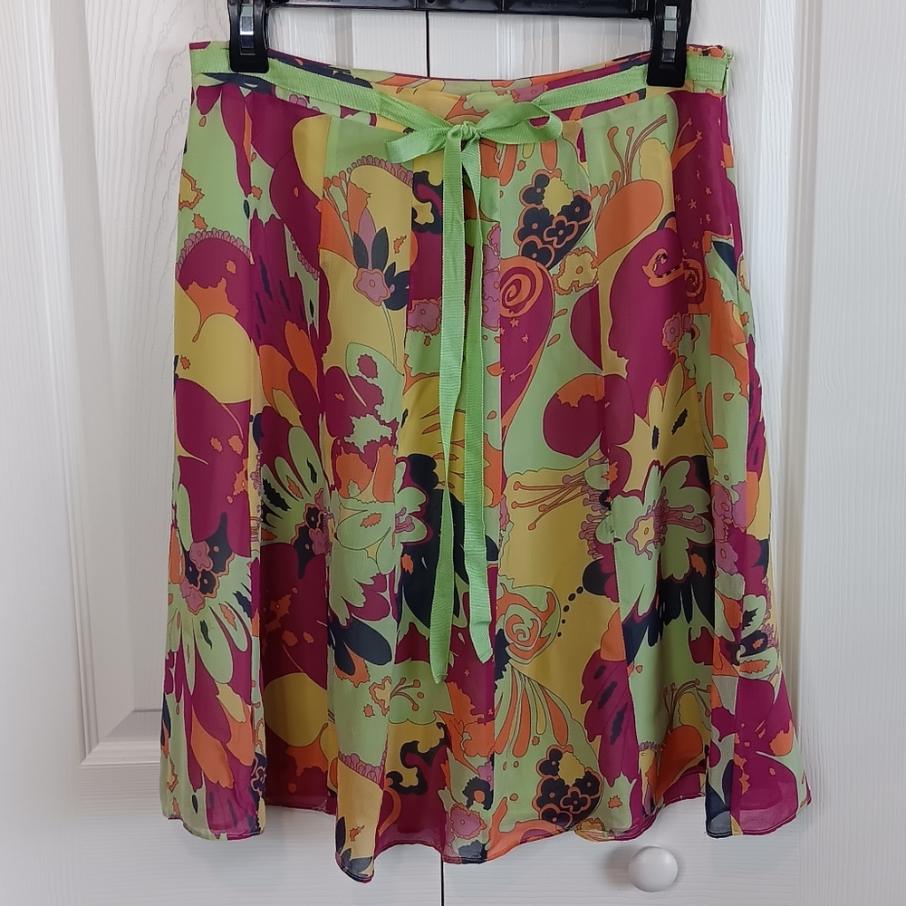 JohnPaulRichard Silk Retro Floral A-Line Knee-Length Skirt With Beading